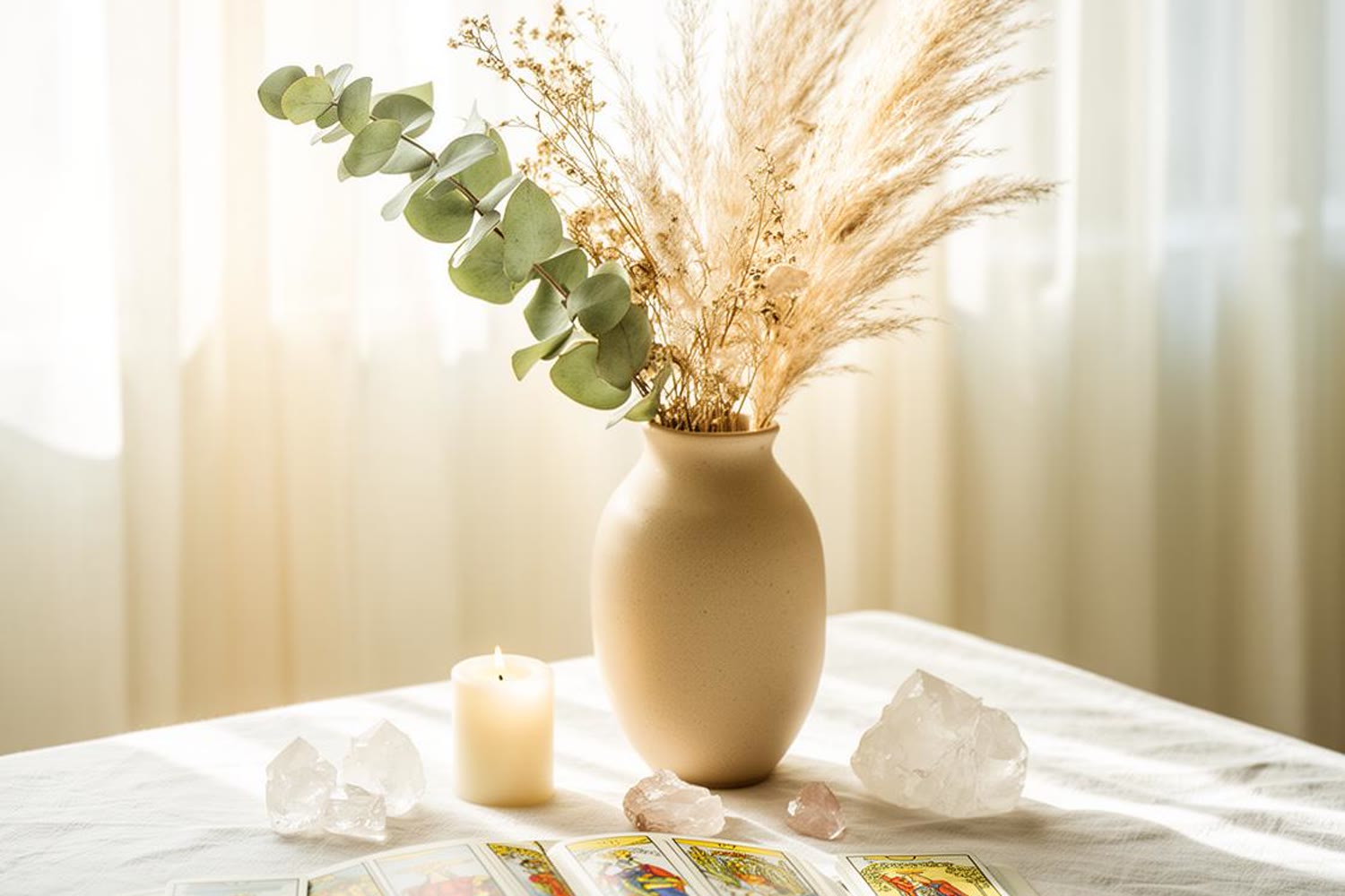 Mesa clara com tarô, eucalipto, cristais e vela em ambiente luminoso